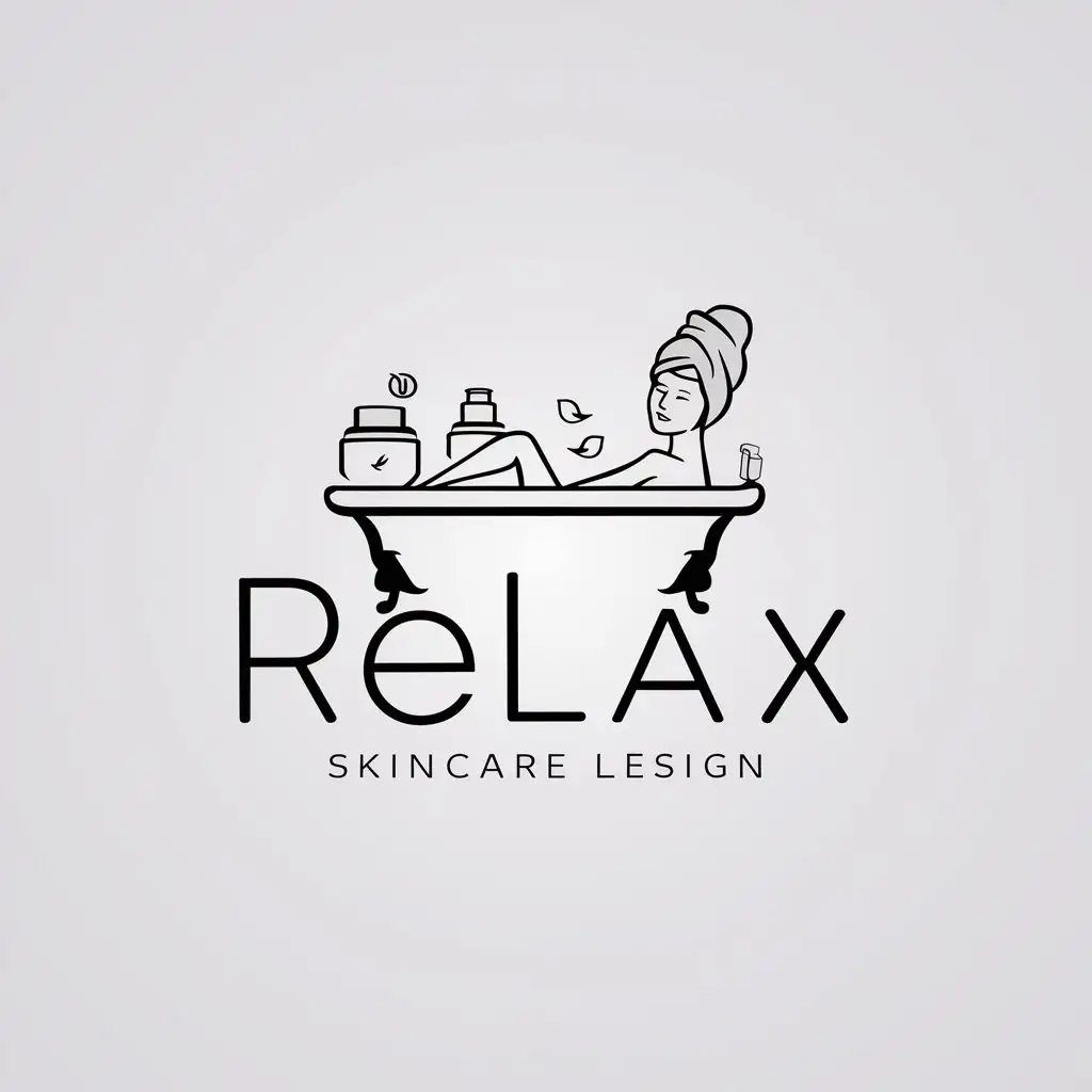 a logo design,with the text "Relax", main symbol:I’d love it if a girl was relaxing, like either in a tub with some product by her, like jars. or a girl peeping out from the water with a towel head wrap and stuff on her face helping relex. Like a face mask or eye mask,Minimalistic,clear background