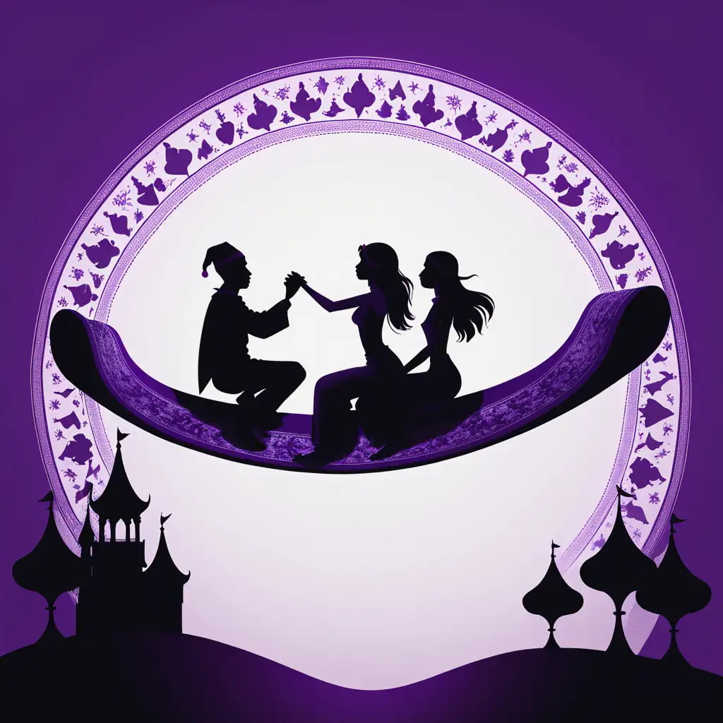Purple silhouette of two people riding a magic carpet. 