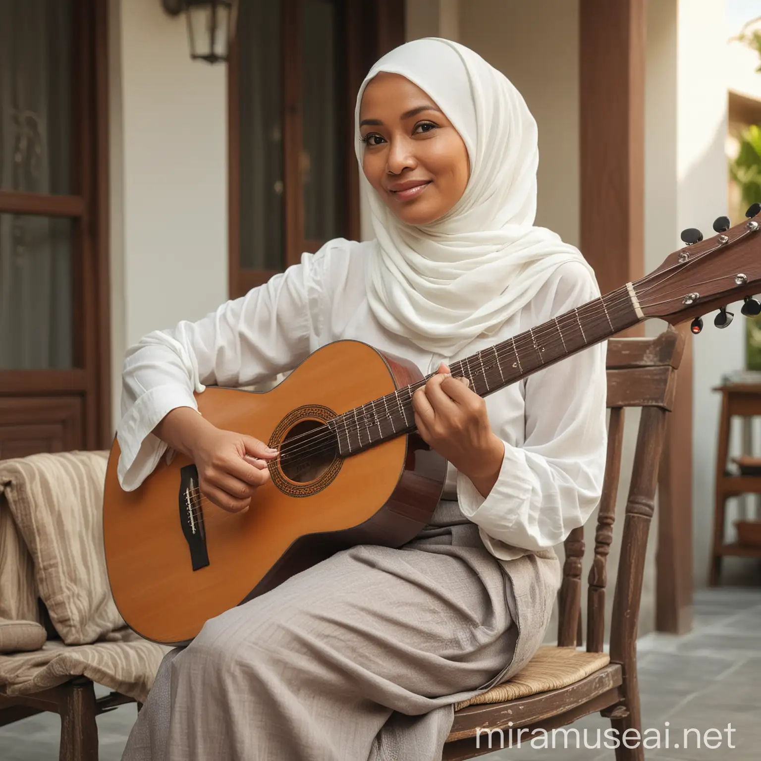 sebuah foto realistis seorang wanita cantik asal Indonesia usia 50 tahun, berhijab, wajah bulat , duduk di kursi di depan teras rumah, memainkan sebuah gitar, suasana siang hari, cahaya cukup terang, sangat nyata, full hd, fokus tajam tanpa cacat,