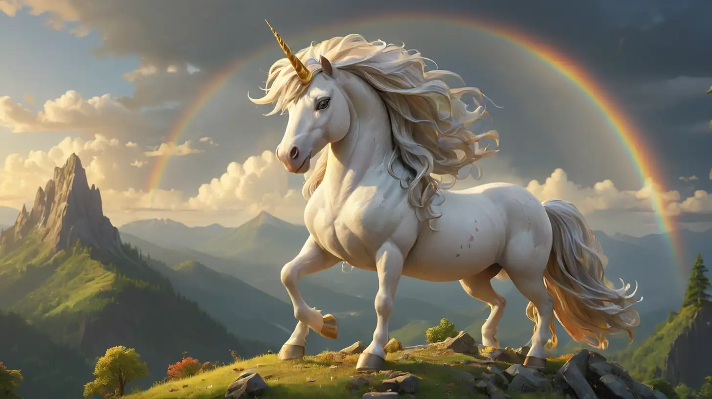 Majestic Unicorn with Silvery Mane on High Mountain Peak