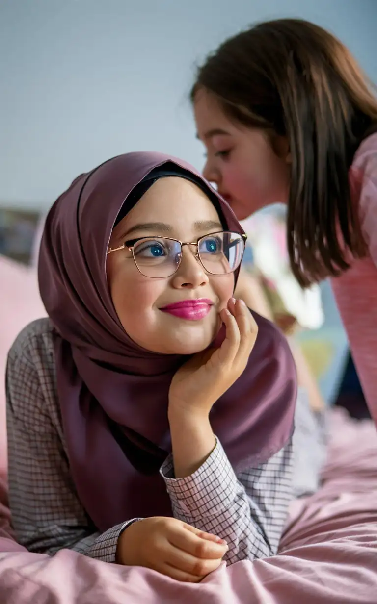 A cute teenage girl. 17 years old. She wears a hijab,
She is beautiful. She lie on the bed.
petite, plump lips.  Elegant, pretty, pink lips, glasses. An other girl kiss the girl.