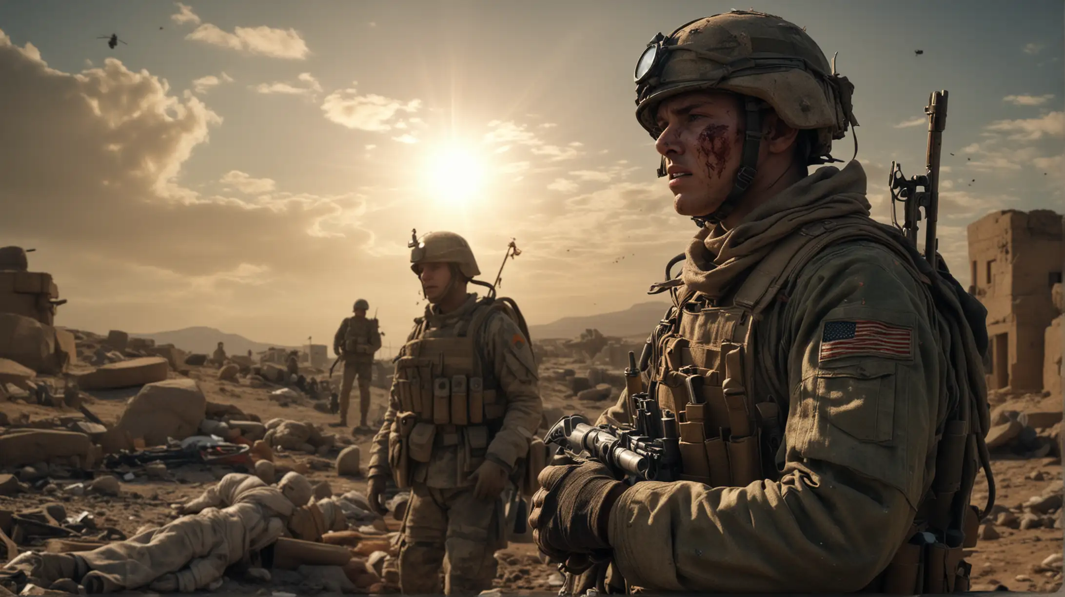 Generate a 4K hyperrealistic image depicting a soldier looking up at 2 suns in the sky while aiming on gun at the stay. Ensure the 3D rendering is highly detailed, showcasing the soldier's agonized expression and bloodied uniform . Utilize HDR lighting to enhance the dramatic atmosphere, with photorealistic textures conveying the severity of the soldier's trauma. Incorporate high-resolution elements of the medical setting, including surgical instruments and bandages, to add authenticity to the scene. The image should evoke a sense of empathy and the brutal reality of war.