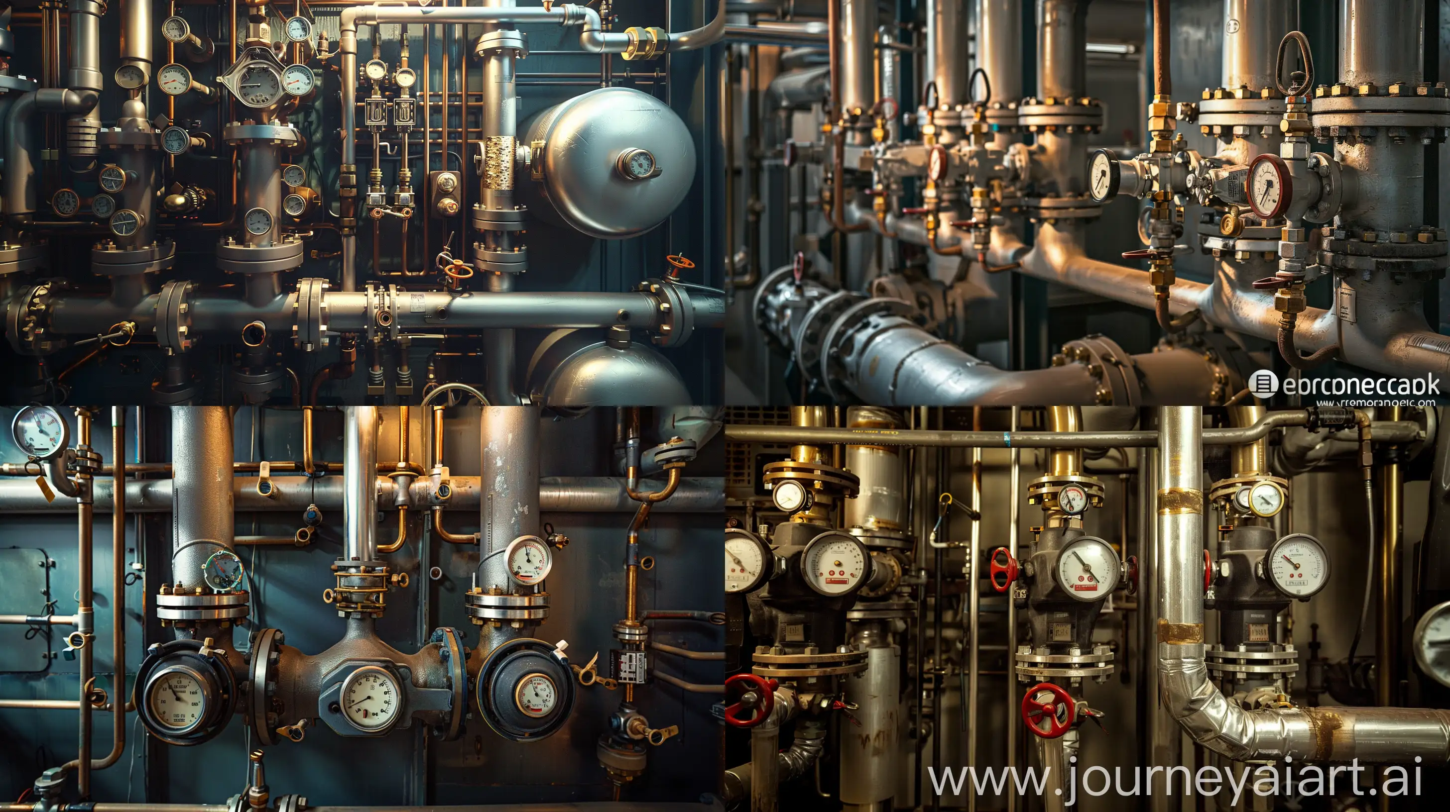 A high-resolution photograph capturing the intricacies of a boiler room's piping system, showcasing the key aspects and principles of boiler room piping. The composition prominently features various components of the piping system, including valves, pipes, gauges, and fittings, arranged in a meticulously organized layout. The technical precision and attention to detail highlight the importance of a properly configured boiler room setup. Lighting is strategically positioned to accentuate the structural integrity and functionality of the piping, while shadows add depth and dimension to the image. The environment exudes an industrial ambiance, with metallic surfaces and machinery contributing to the scene's authenticity. The photograph serves as a visual testament to the significance of correct boiler room piping, adhering to technical requirements and regulatory standards.  --ar 16:9 
