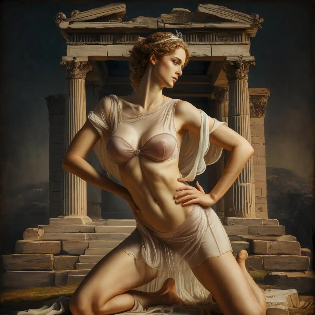girl in a transparent tunic against the background of a Greek temple, ideal figure, erotic pose, Thais of Athens, art