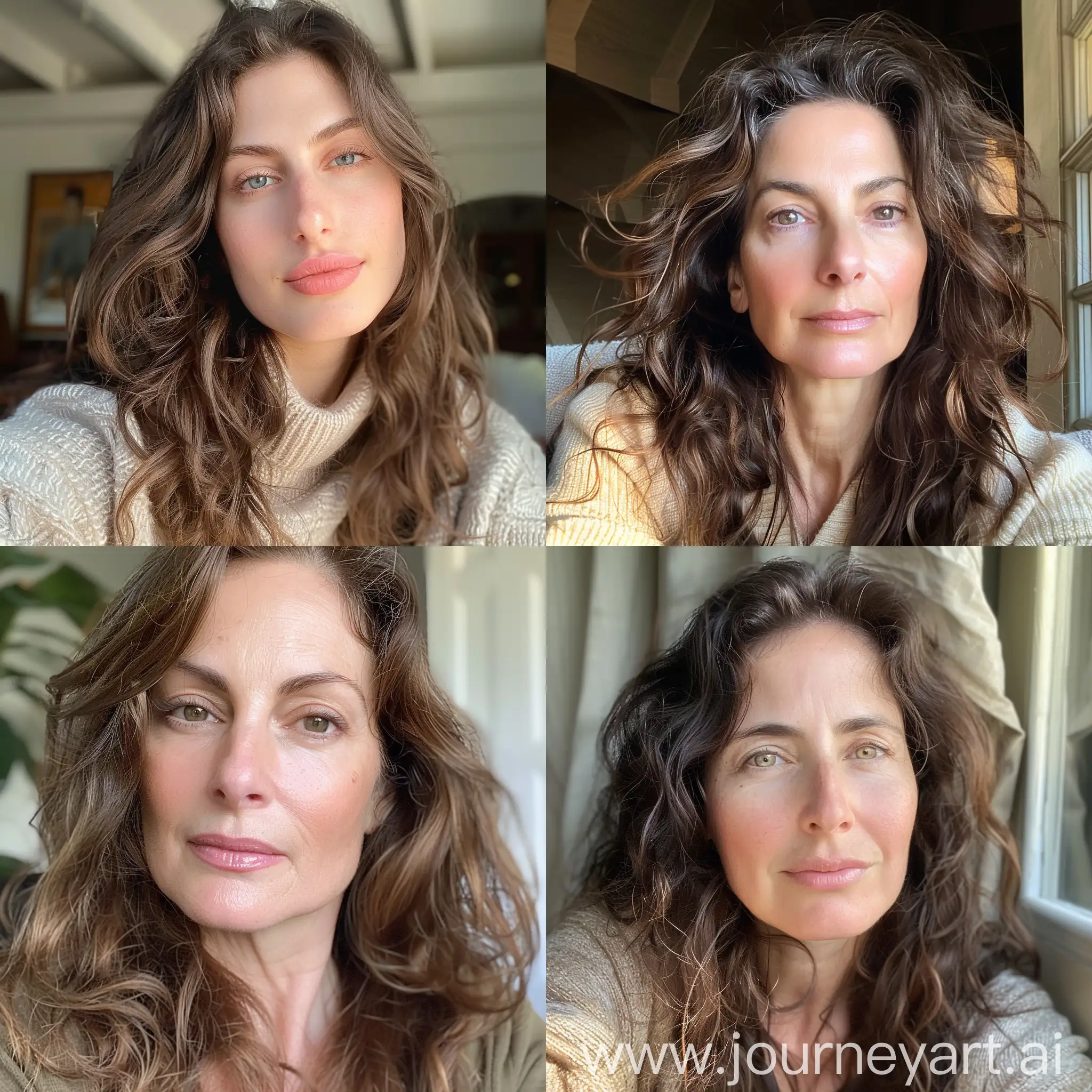Aesthetic instagram selfie of a Jewish mother with full wavy brown hair, broad nose, big bridge nose, crooked nose, woman, mid 40's, soft brown clothing color tones--ar 9:16