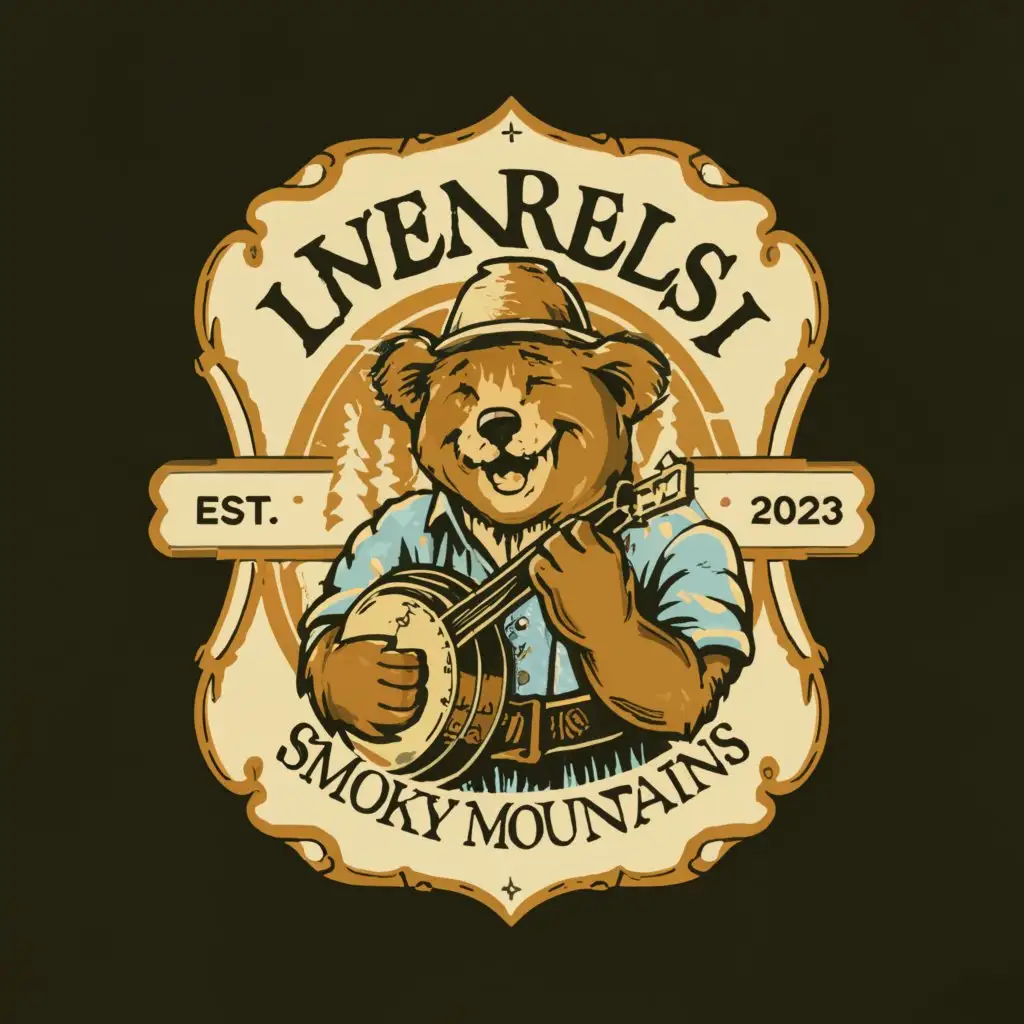 a logo design, with the text 'Old Bear Smoky Mountains', main symbol: Tall rectangle label with a smiling bear wearing overalls and a straw hat, holding a banjo, with mountains and trees in the background., complex, to be used in Retail industry, clear background