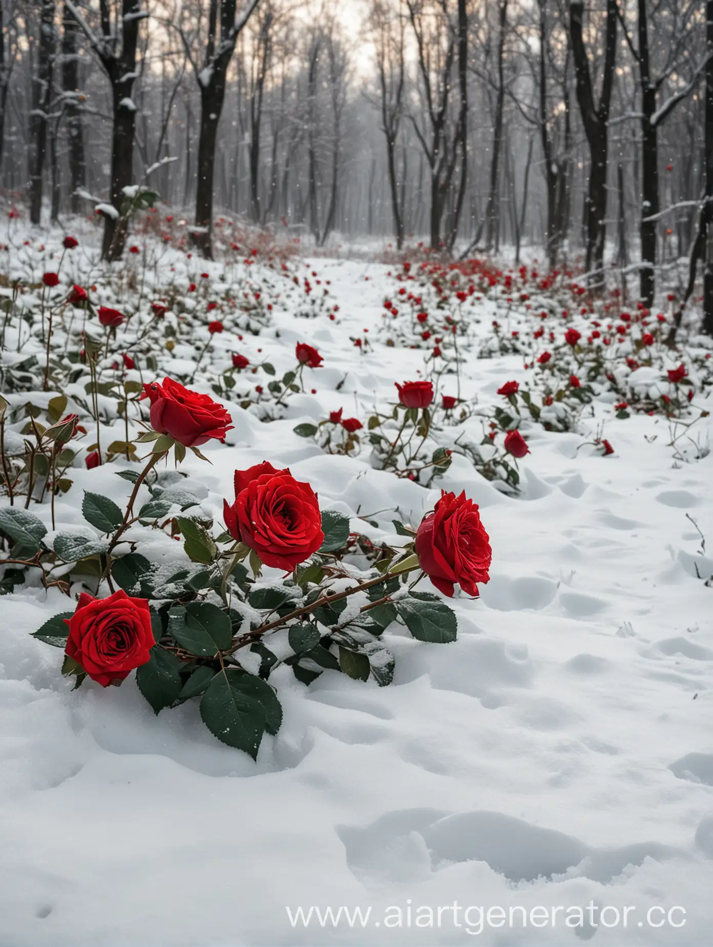 Vibrant-Red-Roses-Blossoming-in-Snowy-Forest-Scene