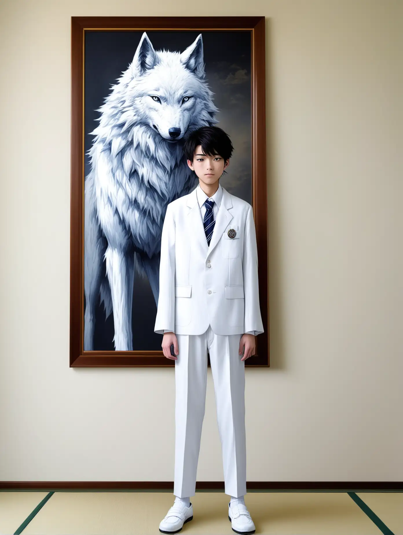 a 16 year old Japanese man wearing a white school uniform, trousers and white shoes, standing in a white palace with a picture of a white wolf