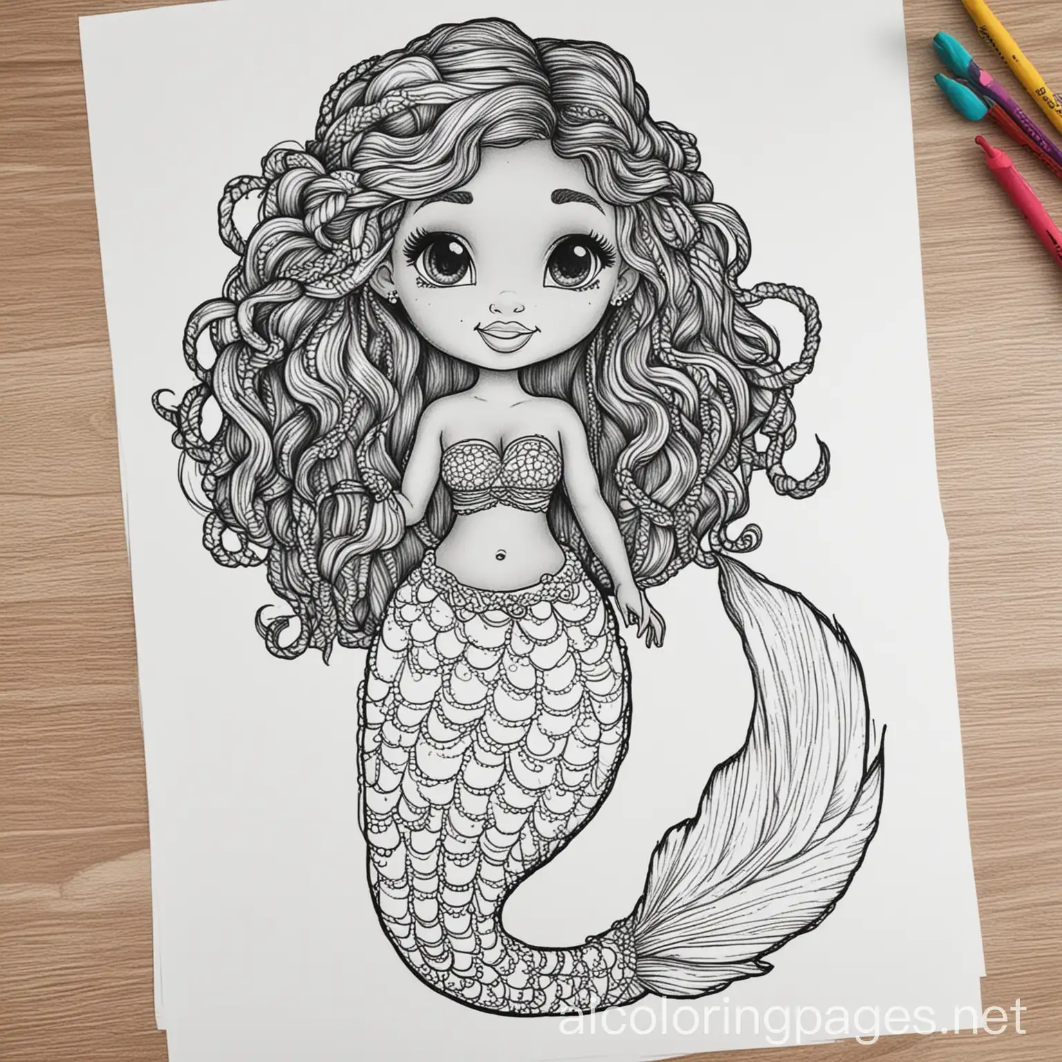 African American mermaid in black and white with braids coloring page with tail
, Coloring Page, black and white, line art, white background, Simplicity, Ample White Space. The background of the coloring page is plain white to make it easy for young children to color within the lines. The outlines of all the subjects are easy to distinguish, making it simple for kids to color without too much difficulty