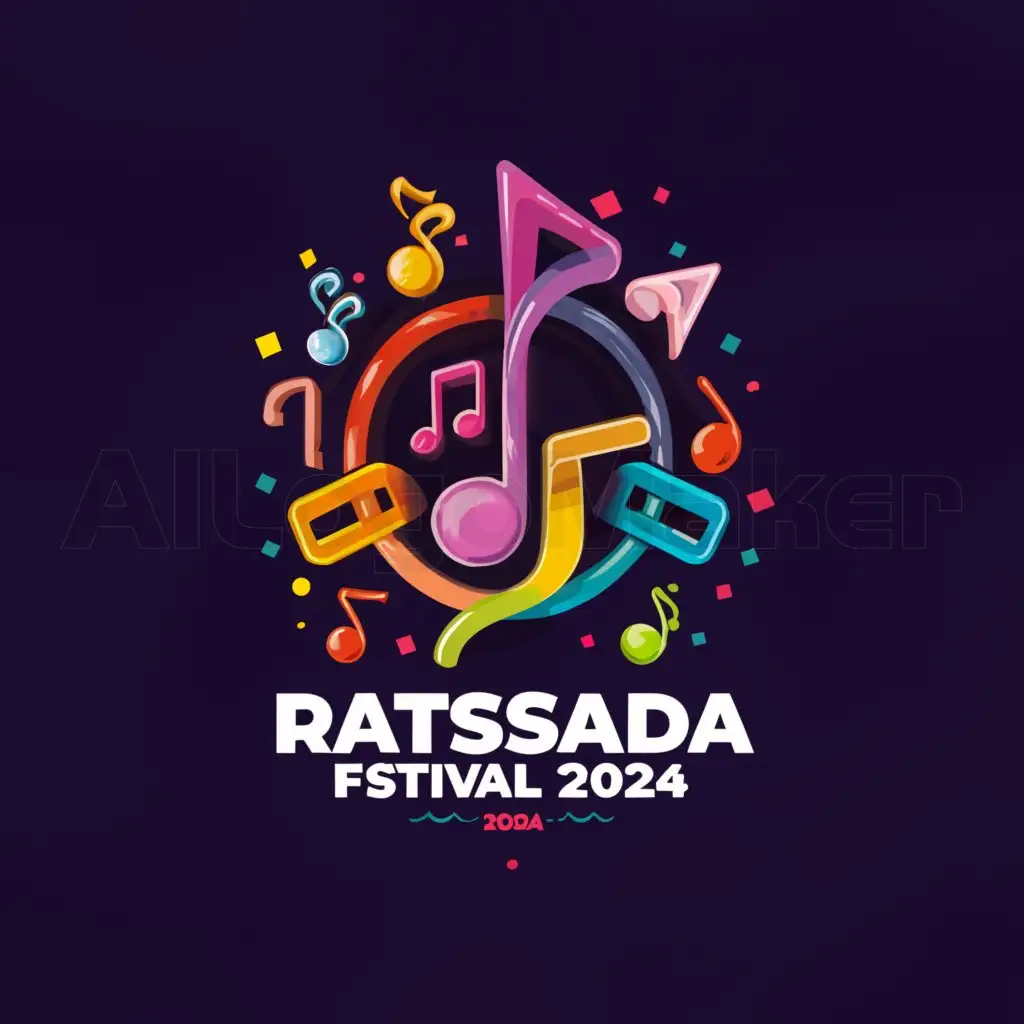 a logo design,with the text "Music & Dance Feast in Ratsada Festival 2024", main symbol:A music icons, notes, guitars, dj and more in vibrant colors with dark background,Moderate,be used in 0 industry,clear background