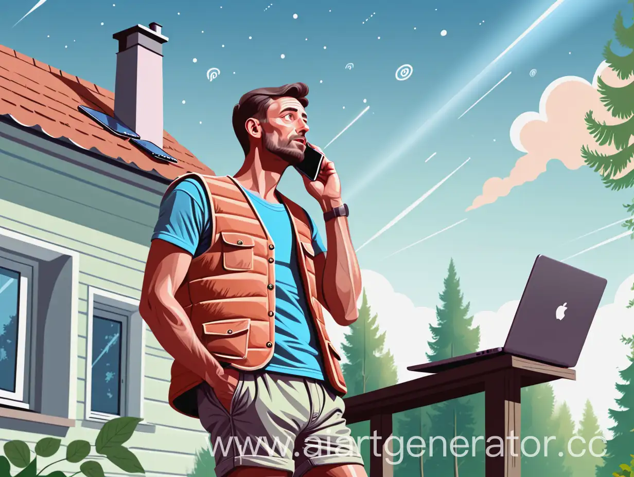 мужчина на даче, в жилетке и шортах, в руках с телефоном и ноутбуком, смотрит в небо, думает какой выбрать сотовый тариф, векторное изображение, в светлых тонах, обложка для сайта