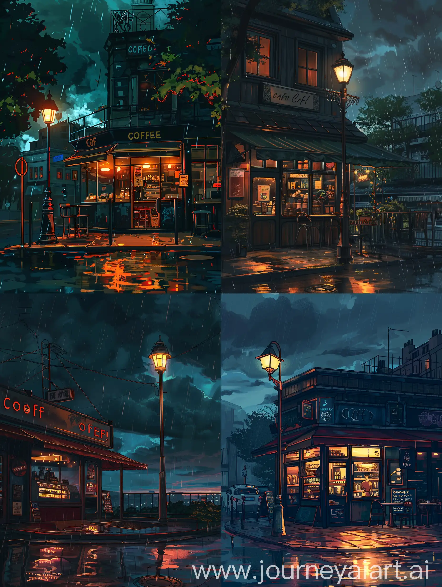 Cozy-Coffee-Shop-on-a-Cloudy-Evening-Illuminated-by-Lamp-Post-Light-in-Anime-Cinematic-Style