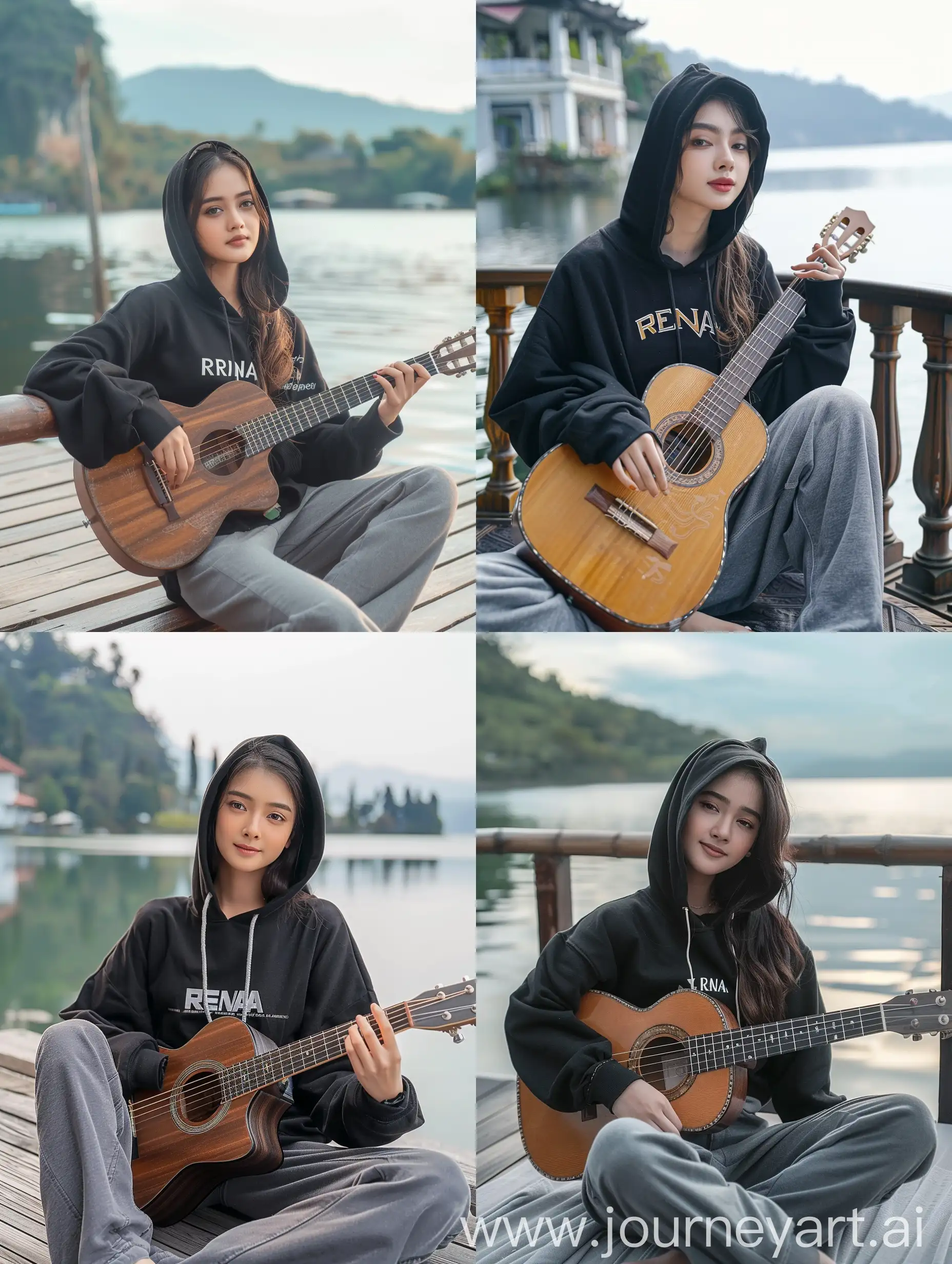 Indonesian-Woman-in-Black-Hoodie-Playing-Guitar-by-the-Lake