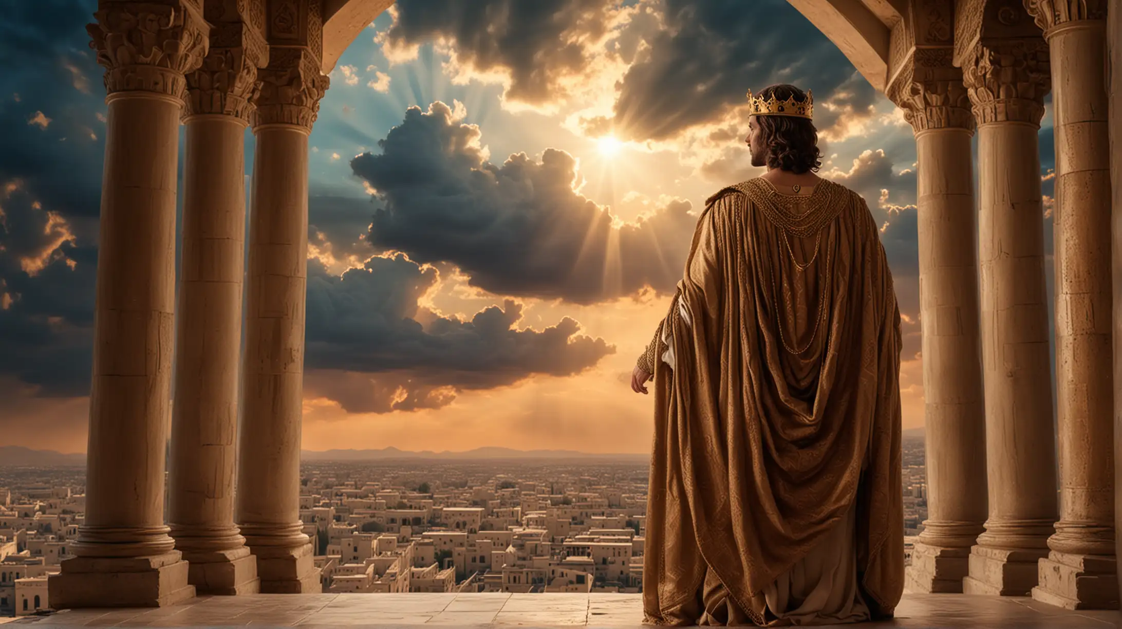 Handsome King on Palace Balcony Overlooking Kingdom Sky View