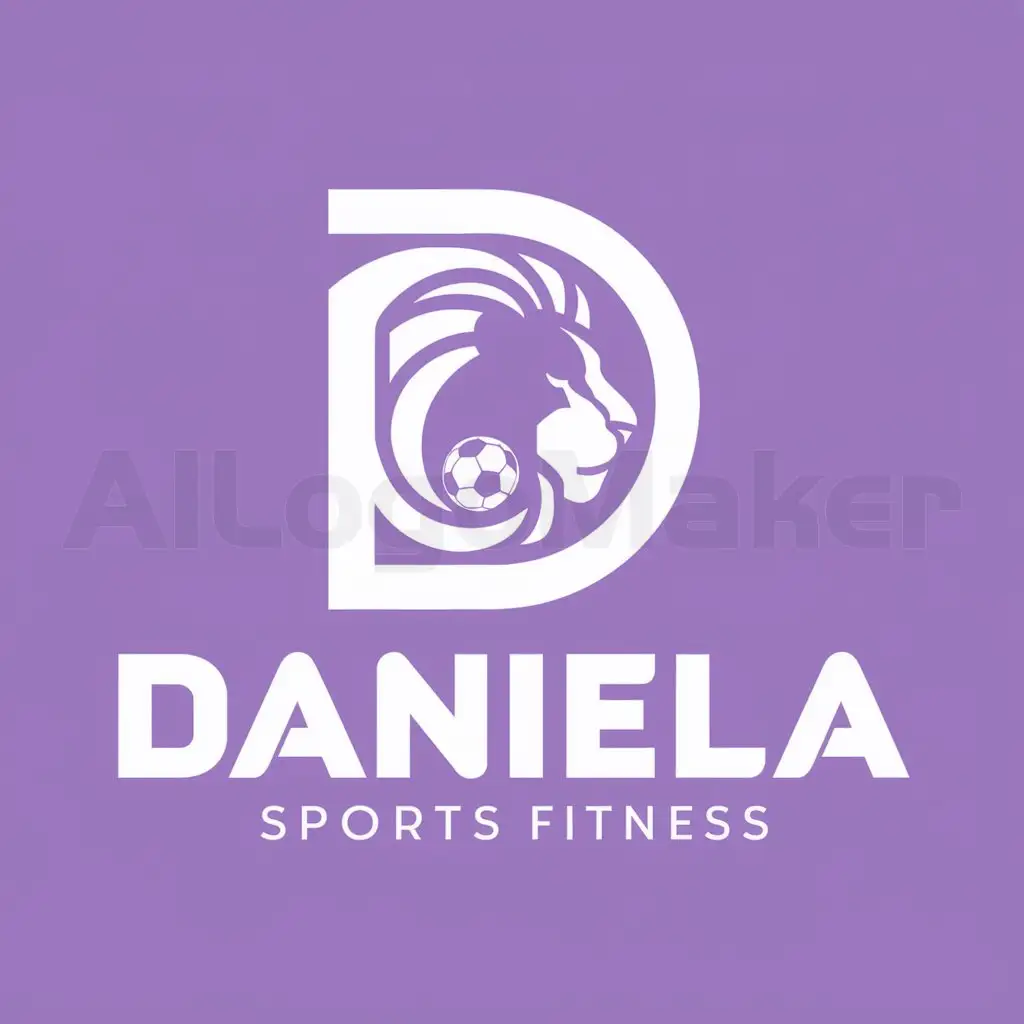 a logo design,with the text "DANIELA", main symbol:create a logo with the letter D, inserted the zodiac sign Leo and something related to football, in white and purple color.,Moderate,be used in Sports Fitness industry,clear background