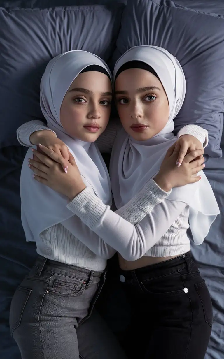 2 little porcelain skin girl.  14 years old. They wear a modern hijab, skinny jeans.
They are beautiful. They lie on the bed. well-groomed, turkish, quality face, plump lips.
Bird's eye view, top view, serious face, hugs. long nail polish