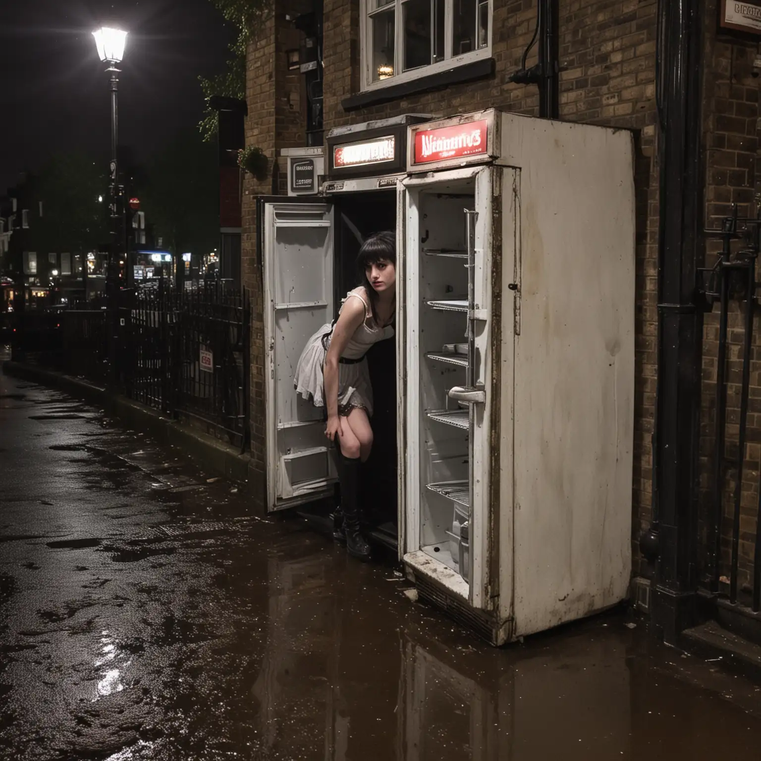 old fridge on its side outside a pub in wet London at midnight with goth girl watching
