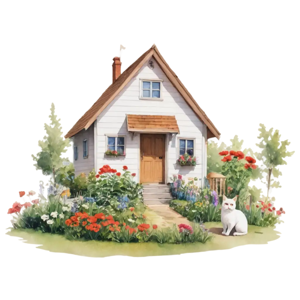 PNG-Image-Mama-Plants-Flowers-Next-to-Cat-and-Wooden-White-House