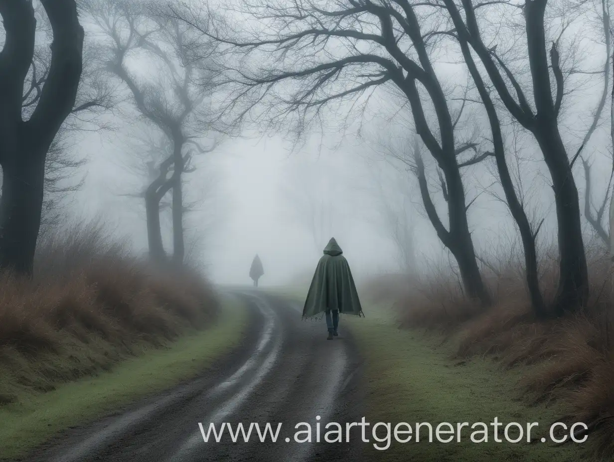 Lonely-Hiker-in-Misty-Forest-Person-in-Poncho-Walking-on-Winding-Road-Amidst-Bare-Trees-and-Fog