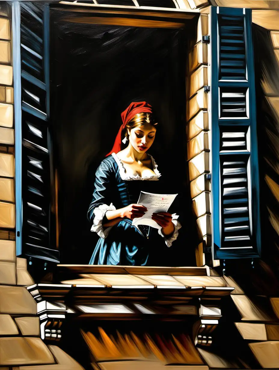 (an expressive painting:1.3), (large strokes style), palette knife style, (Fabian Perez style:1.3) , " Vermeer - Girl reading a letter at a window " depicted in the (17th century:1.3)