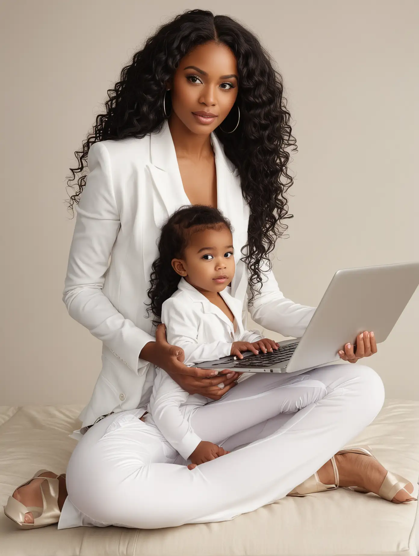In a full-body photoshoot, we see a realistic portrayal of an African American sexy woman. Her long black hair extensions frame her face as she expertly manages her laptop work while cradling her curly hair baby girl in her arms. Dressed in a chic white suit, she epitomizes the sexy working mother with confidence and grace."