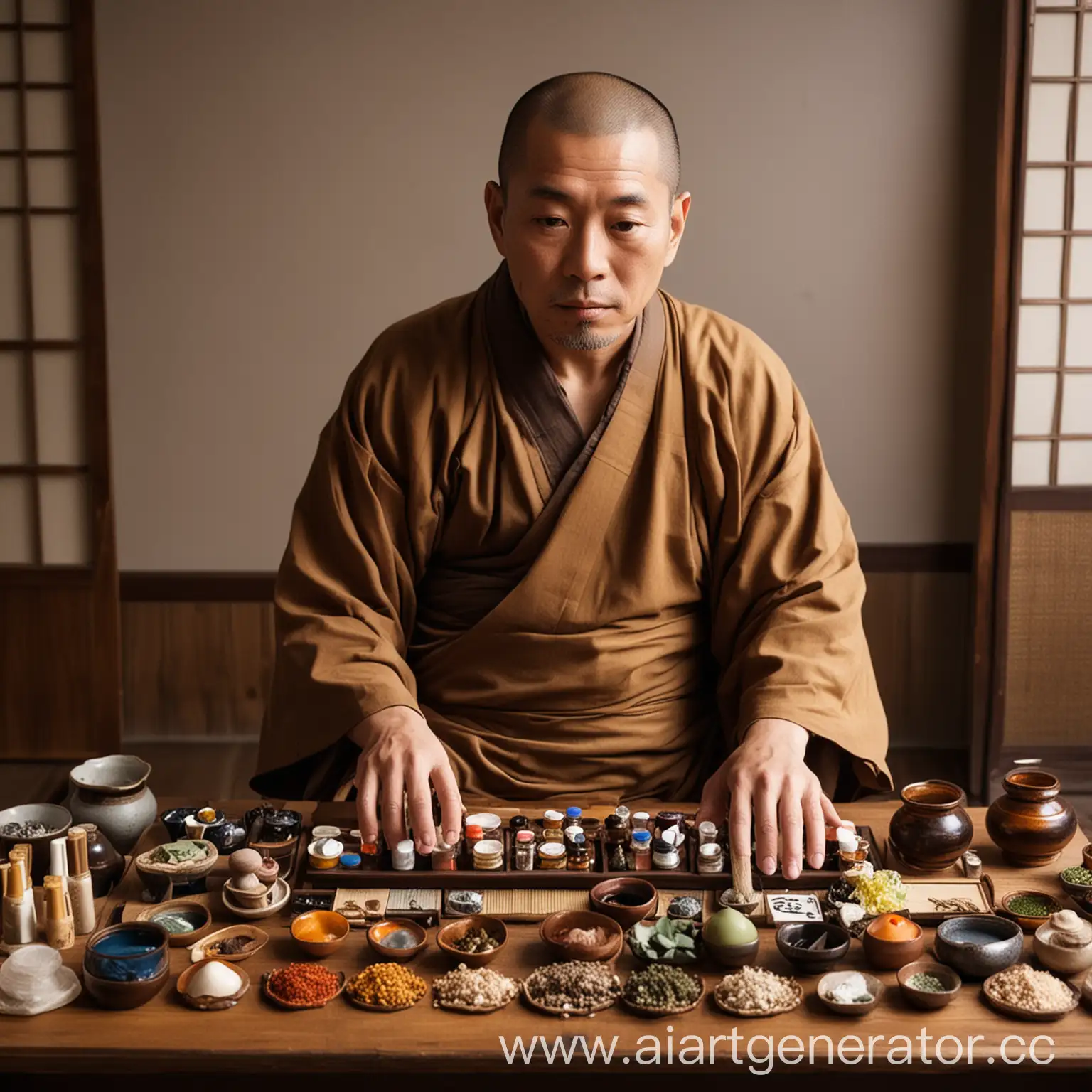 Japanese-Healer-Monk-with-Potions-and-Herbs-on-Table