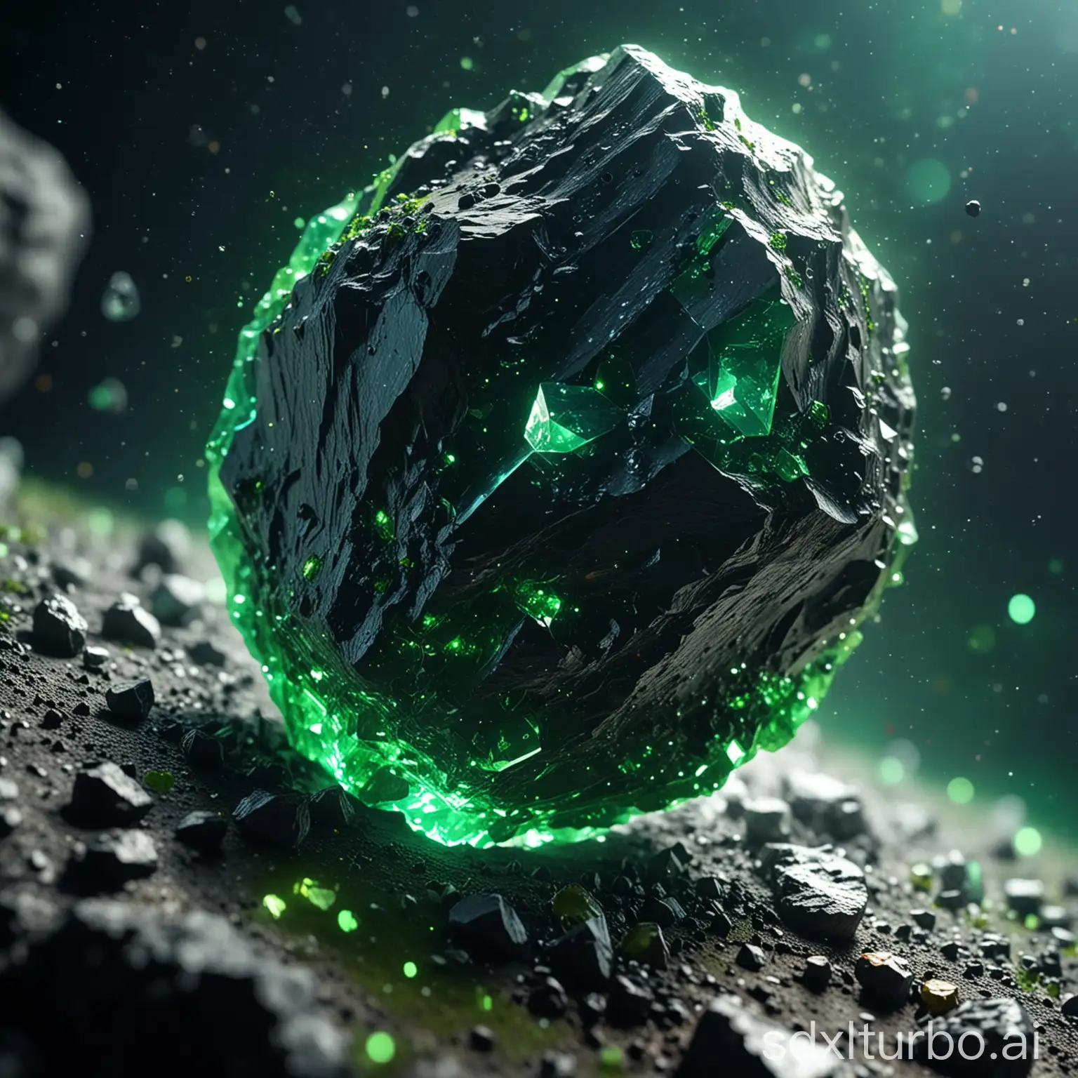 a ultra HD photo from a extrem detailed asteroid with green cubic crsytals on surface, negativ promt: out of focus, depth of field, lens blur