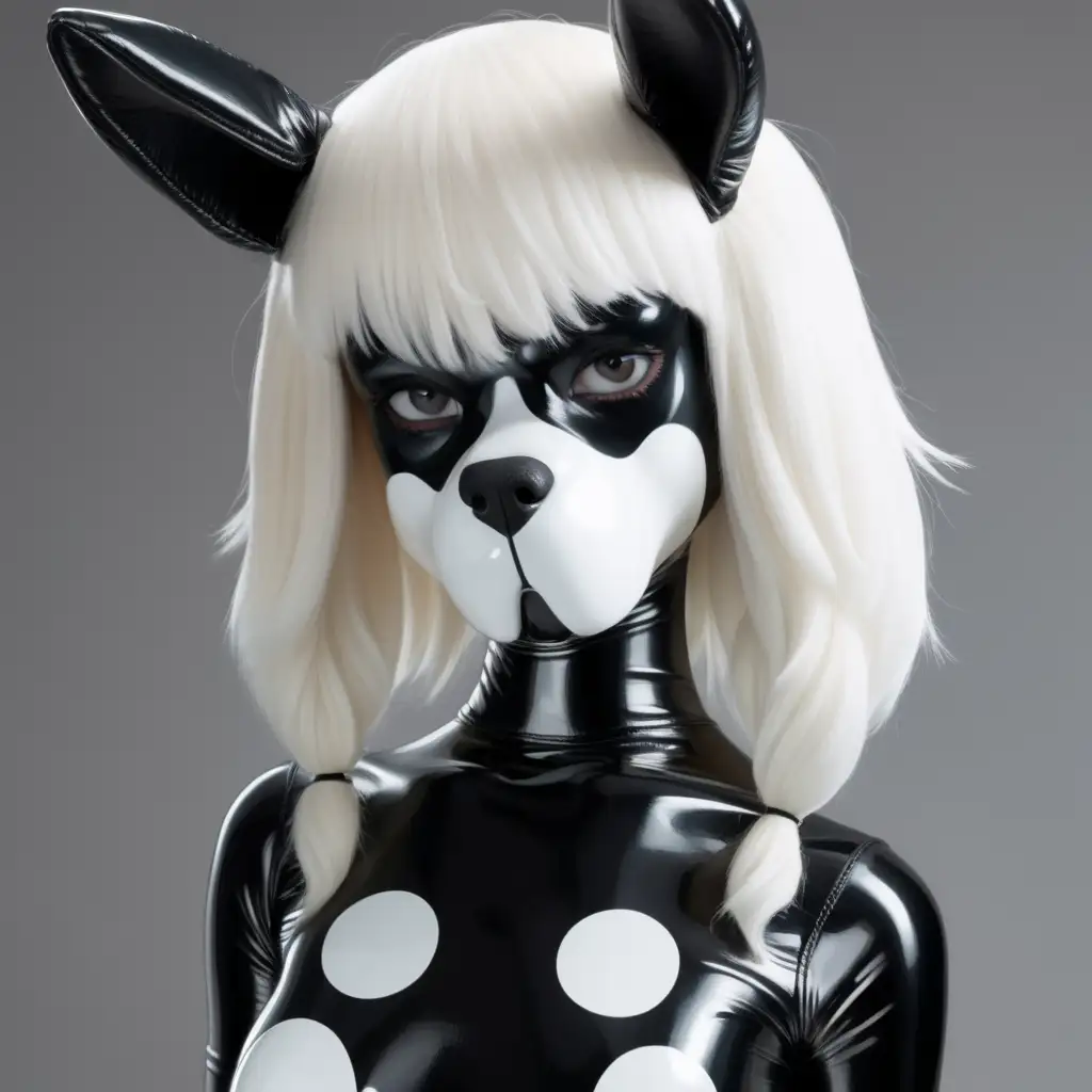 Latex furry dog girl with black and white latex skin with a dog's snout instead of a face
