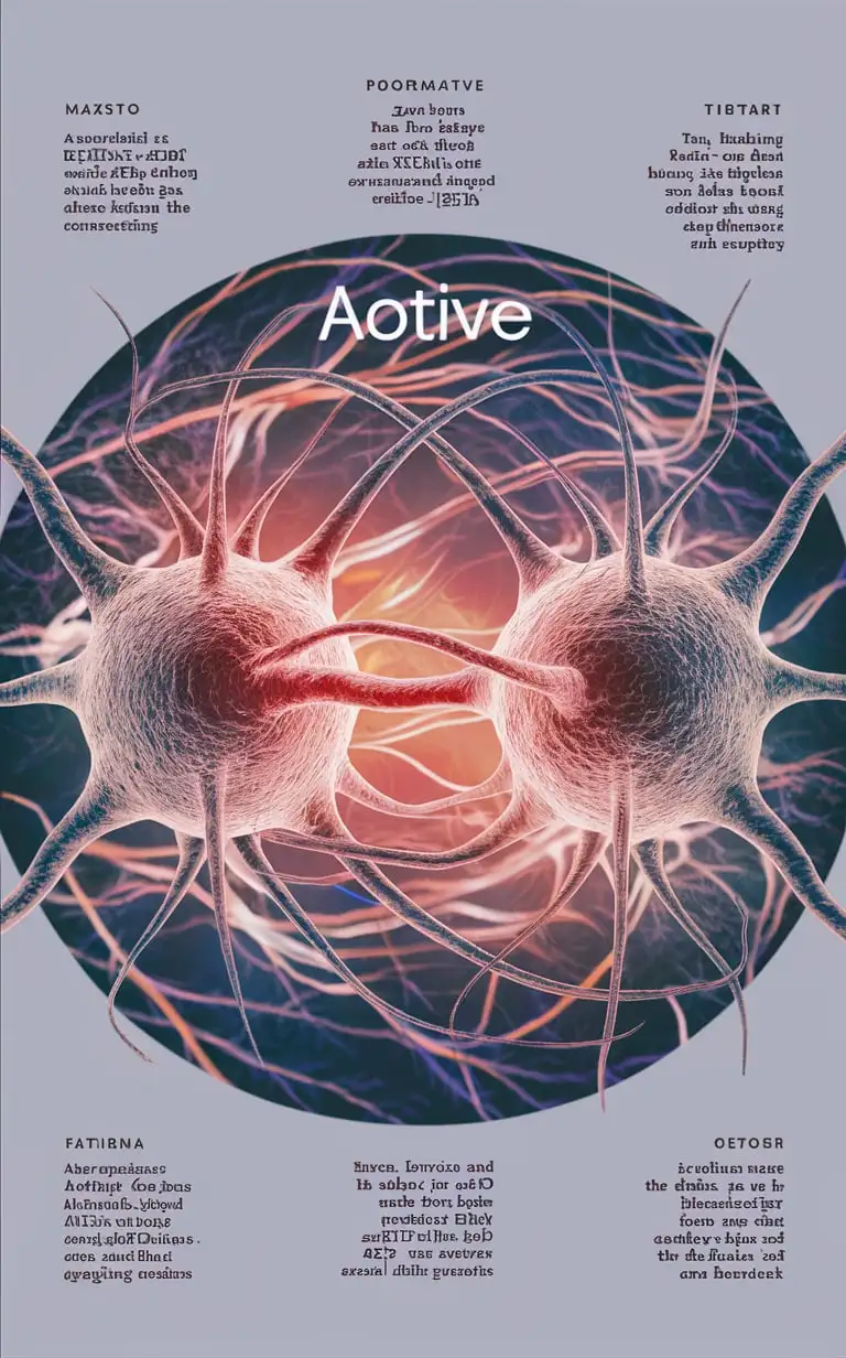 a scientific magazine about neurons, with two neuro atom connected to eachother picture in middle, "aotive" is the name of the magazine big on it, also add some small paragraphs, peofessional design