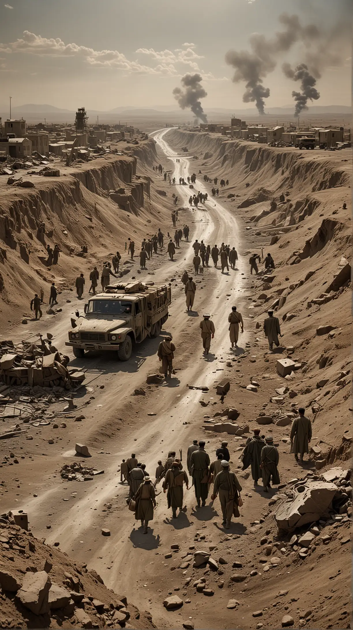 Create a dramatic scene depicting the withdrawal of Soviet troops from Afghanistan, showcasing the crumbling infrastructure and desolate landscape.