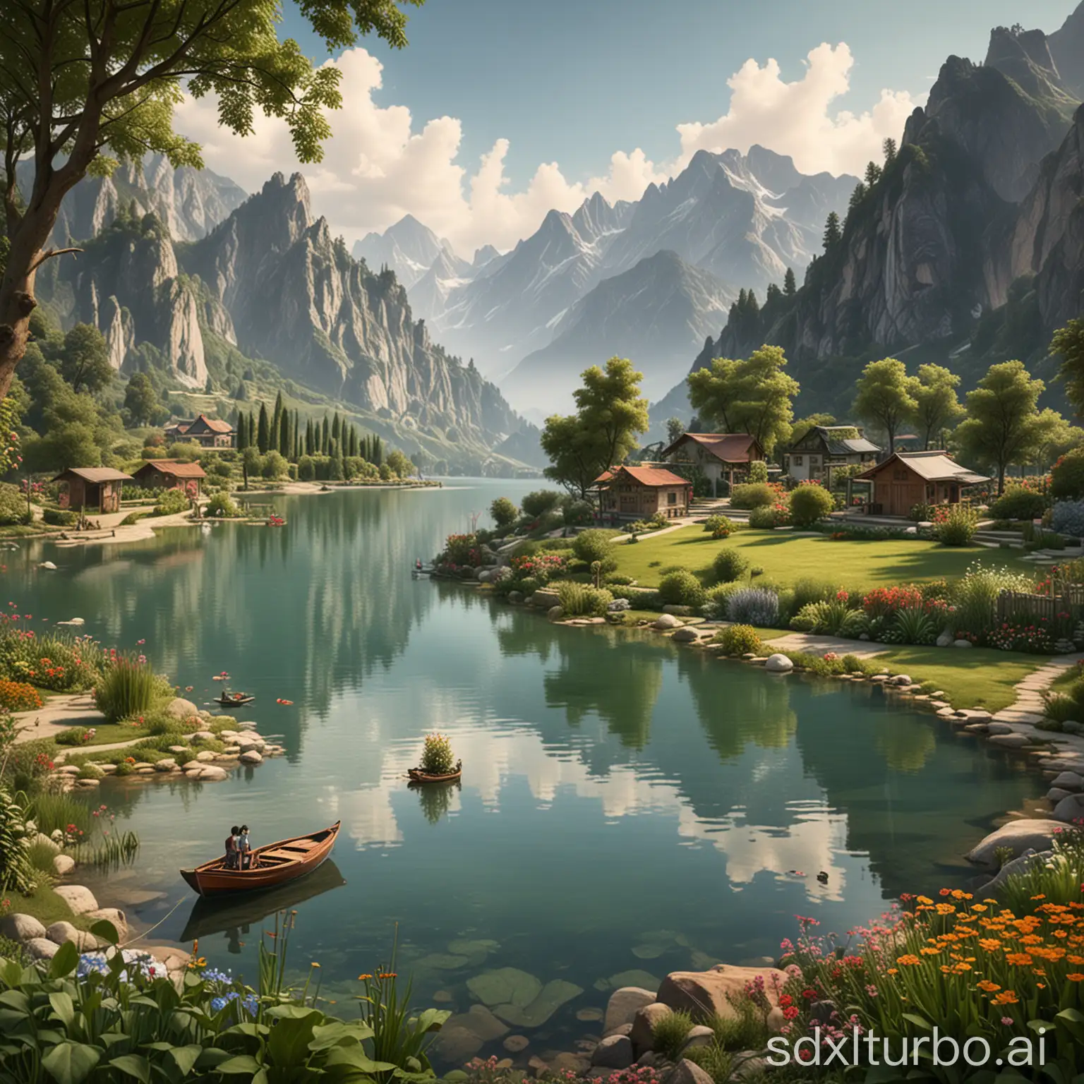 Mountain-Landscape-with-Lake-Boat-and-Children-Playing-in-Garden