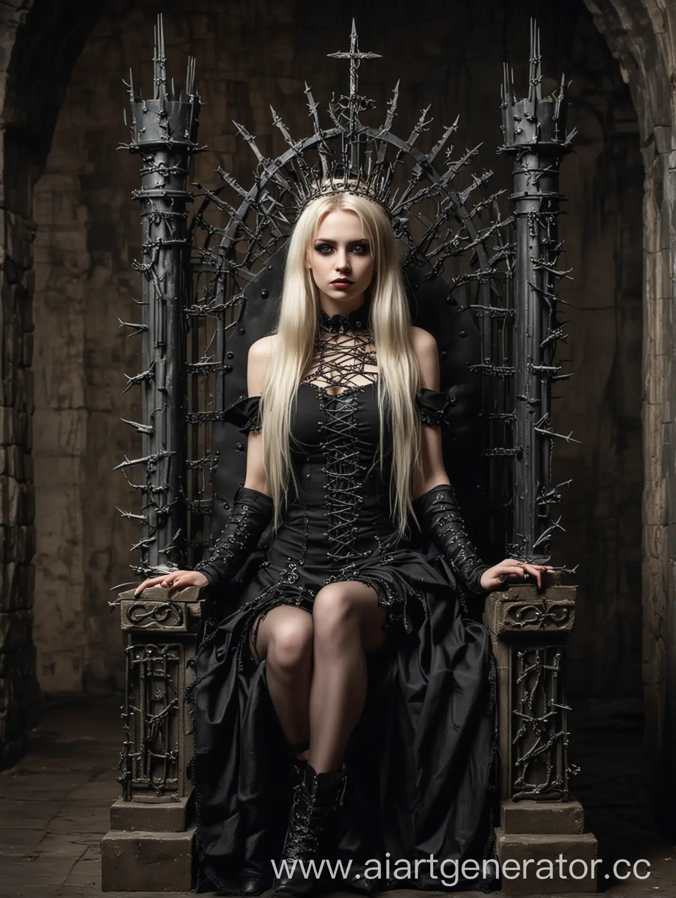 Gorgeous blonde Goth girl with thorns diadem sitting on the throne in the dungeon 