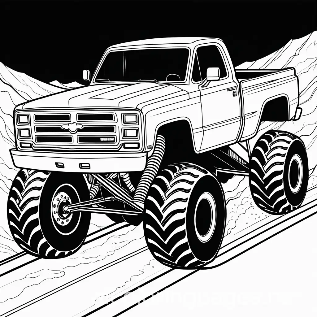 monster truck on a track, Coloring Page, black and white, line art, white background, Simplicity, Ample White Space