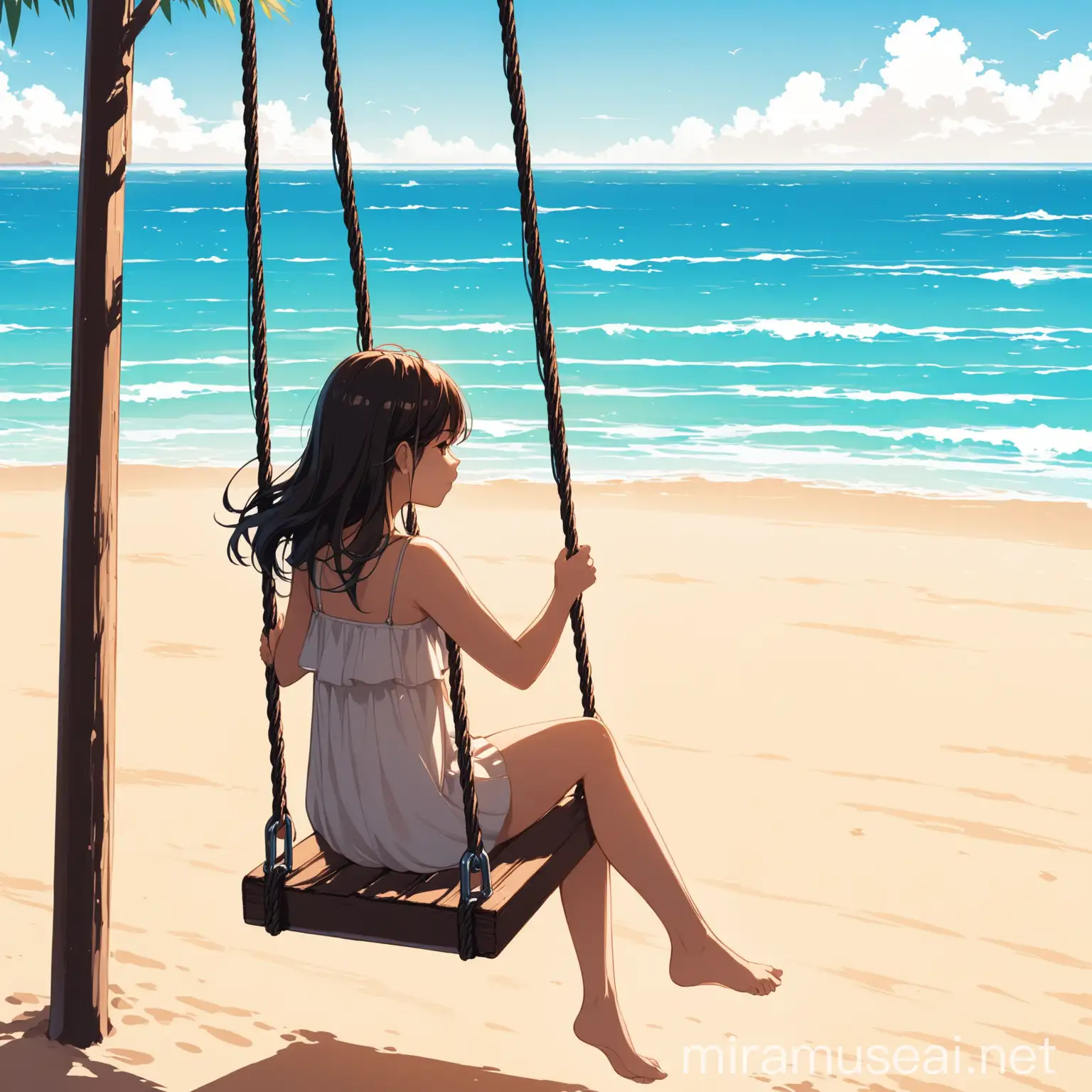 Young Girl Swinging Joyfully by the Seaside