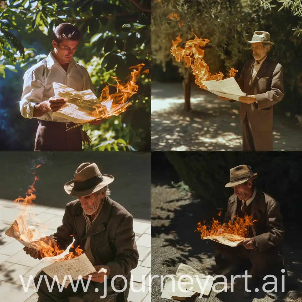 горюющий мужчина из востока 20 века поджигает свои бумаги в тени
