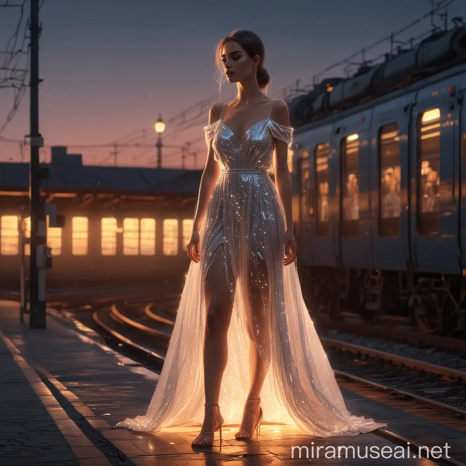 Elegant Woman in Glittering Dress at Train Station Sunset