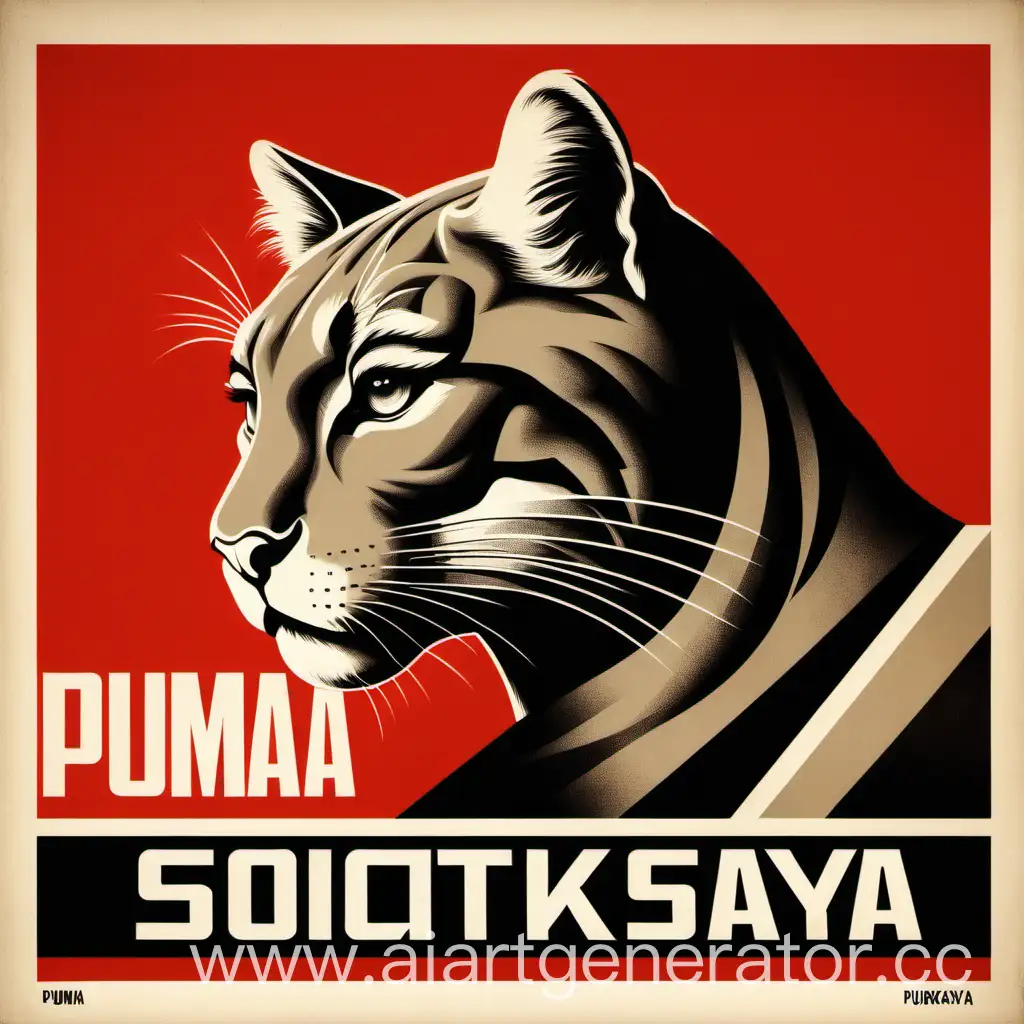 Sovietskaya afisha Puma should combine elements of patriotic propaganda, dynamic and minimalistic graphic elements, as well as bright, contrasting colors to create a strong visual image that matches the aesthetics of the time.