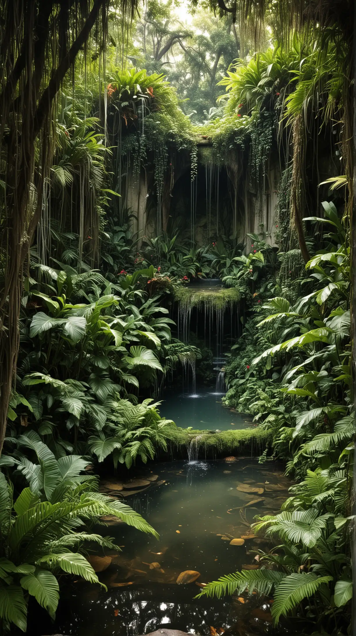 Fountain of Youth, nestled in a lush, overgrown jungle.  make look mysterious 


