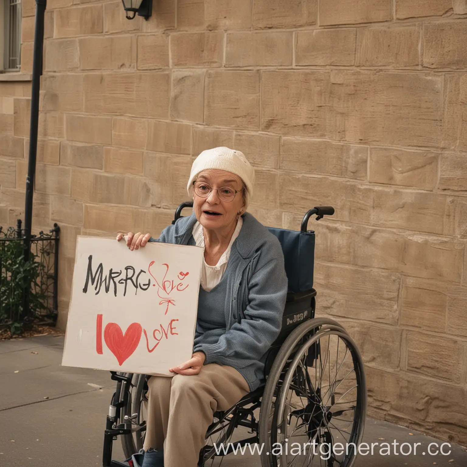 инвалид на коляске держит табличку где написано (i love margo)
