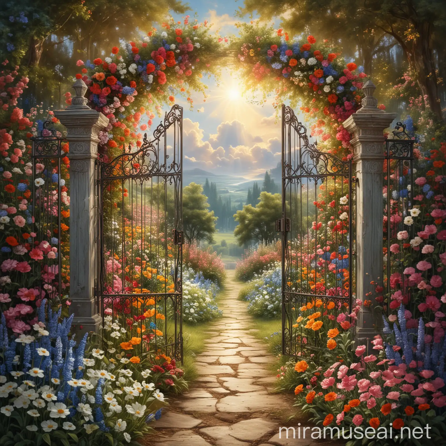 heaven's gates opening to a garden of flowers
