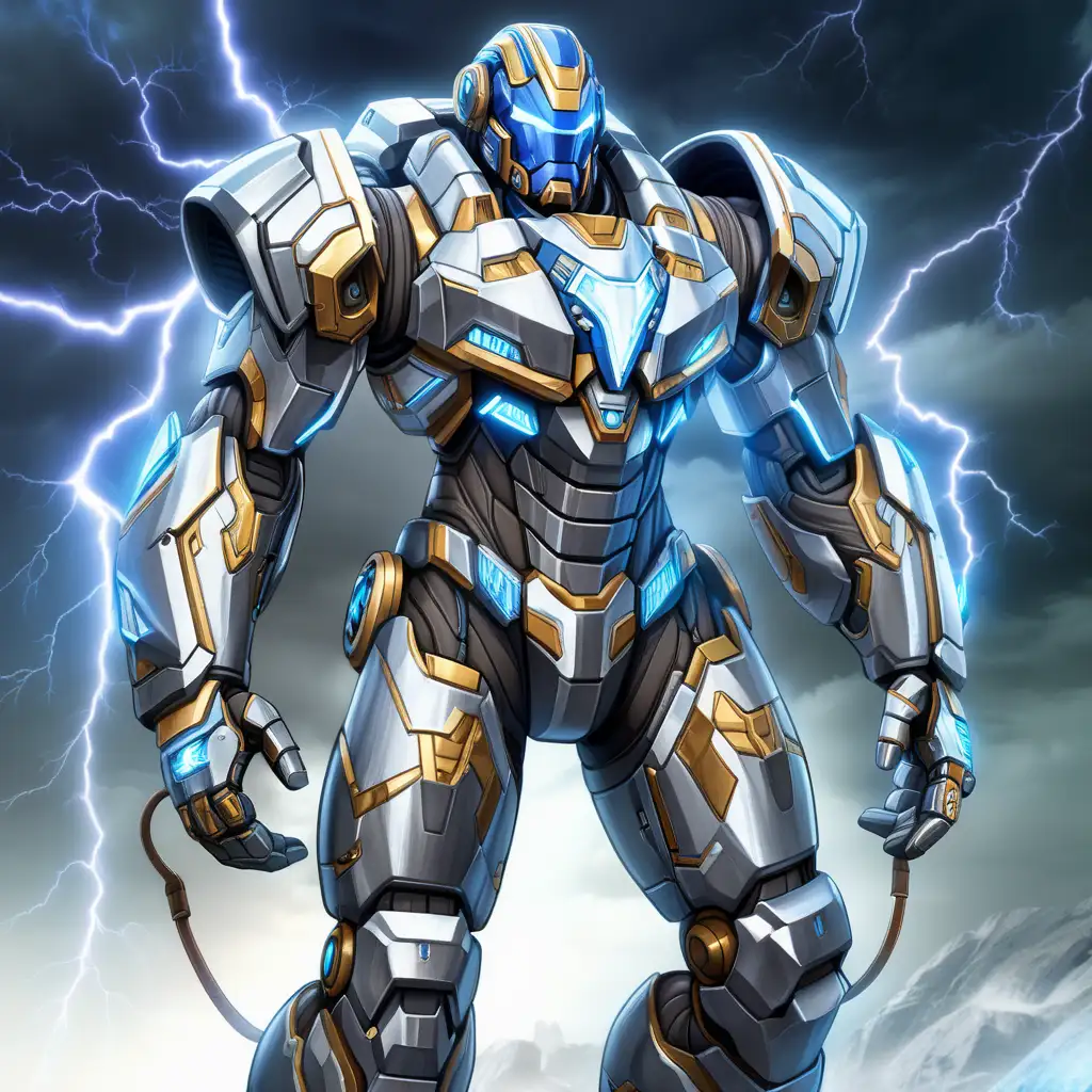 Character Sheet, Max's mech suit is a towering juggernaut of steel and thunder, exuding an imposing presence on the battlefield. Its design combines elements of heavy armor and sleek aerodynamics, giving it a formidable yet agile appearance. The suit's primary color scheme is a metallic silver, with accents of electric blue coursing through its veins, reminiscent of crackling lightning. Max's helmet is sleek and futuristic, with a visor that glows with a pulsating energy, masking his face in an aura of mystery. His gauntlets crackle with electrical energy, ready to unleash devastating lightning strikes upon his enemies. With every step, the ground trembles beneath the weight of his mech suit, signaling the arrival of a true force of nature.