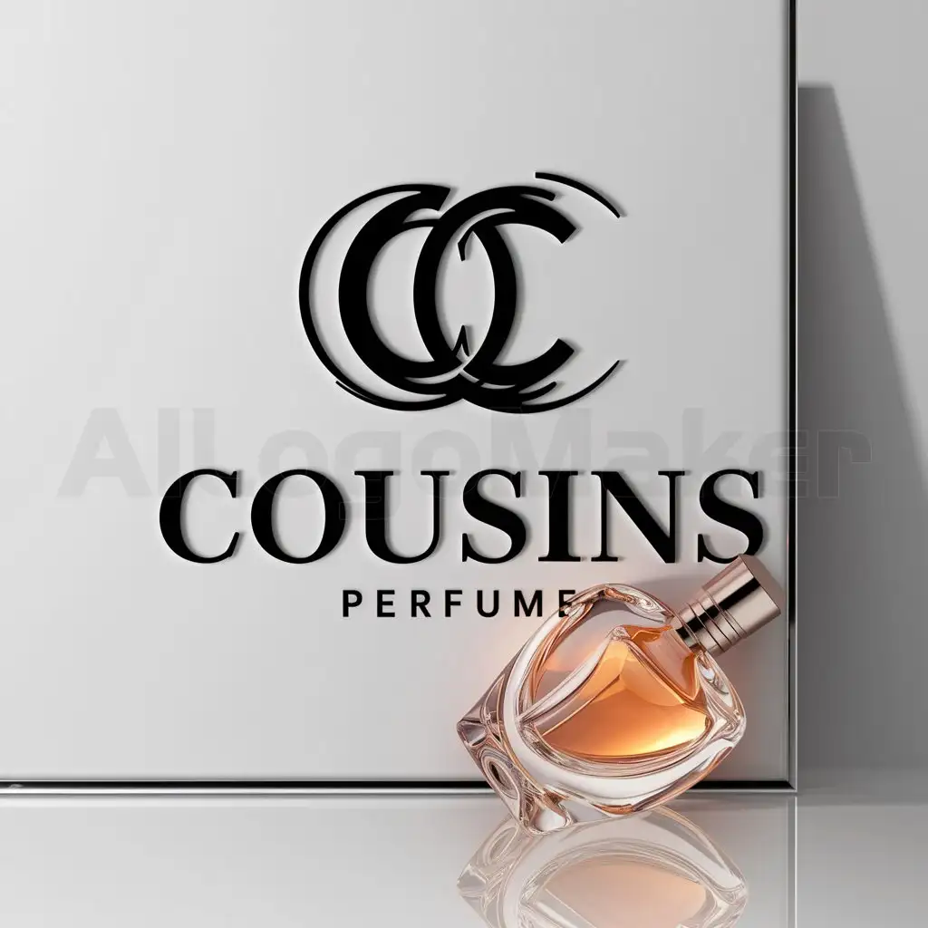 a logo design,with the text "Cousins perfume", main symbol:a logo design,with the text 'Cousins perfume', main symbol:Logo for a perfume brand,Moderate,be used in Others industry,clear background And a box of perfume,complex,clear background