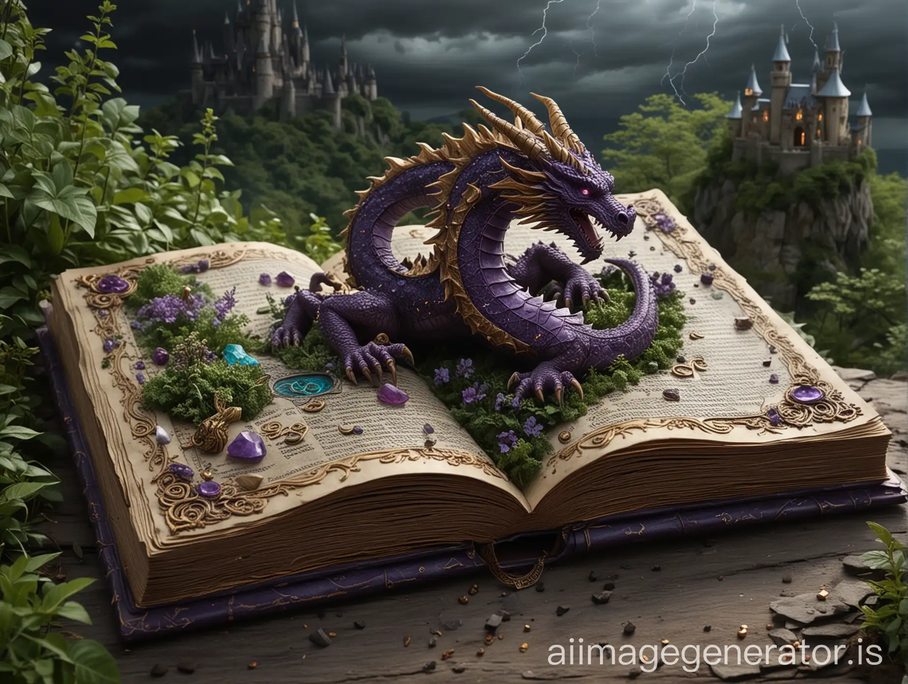 A 3D fantasy grimoire pop-up book page opens, revealing in 3D out of book an ancient dragon born on a mountain of gold and gems amidst lush greenery and ruined castle architecture. The dragon's ethereal, transparent skin glistens with glowing purple and black scales, adorned with intricate magic runes and glyphs. Its eyes burn with an inner wisdom, radiating an aura of power and mysticism. In the distance, a stormy thunderstorm crackles with energy, as if channeling the dragon's elemental might. The spell tome Ancient Grimoire, studded with glowing glyphs, lies open on a pedestal, its pages filled with ancient secrets and forbidden knowledge.