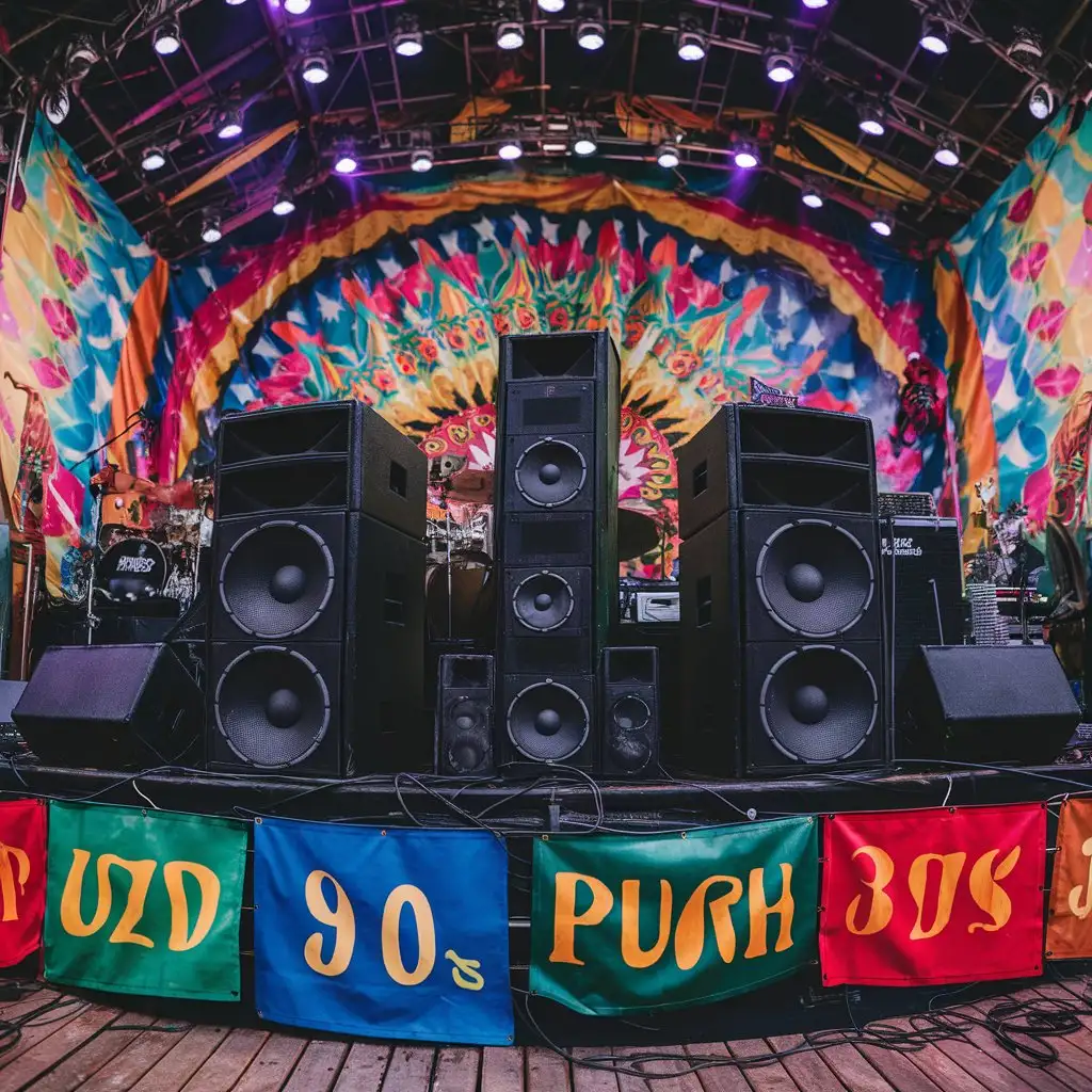 Vibrant 90s Colorful Stage with Speakers