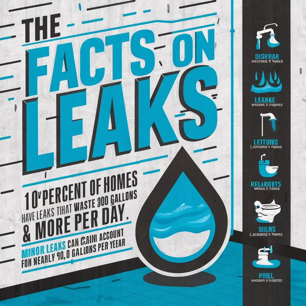 I need an infographics based on the information given below. Make sure that the color scheme, background image and graphics aligns with the main idea of the text. The infographic is designed to convey information about water leaks in a visually engaging manner. It uses a color scheme of blue, white, and black, which is commonly associated with water and cleanliness. The title "THE FACTS ON LEAKS" is prominently displayed at the top in bold blue letters against a white background.  The first section of the infographic, highlighted by a large blue drop icon, states that "10 percent of homes have leaks that waste 90 gallons or more per day." This statistic is followed by a smaller text explaining that minor leaks can account for nearly 3,000 gallons per year.  To the right, there's a sidebar with icons representing different types of leaks and their impact. These include a faucet dripping, a shower leaking, a toilet running, a sink leaking, and a pool leaking. Each icon is accompanied by a fact: a leaky faucet dripping at the rate of one drip per second can waste more than 10 gallons; a shower leaking at a rate of 10 drips per minute wastes 500 gallons per hour; an old toilet can waste up to 11 million gallons over its lifetime; a leaking pool can waste up to 13,000 gallons of water annually.  Below these facts, there are three call-to-action sections: "Did you know?" encourages engagement with the content; "Homeowners" suggests actions like replacing old toilets and repairing leaks; "Look for" lists signs of leaks such as wet spots on lawns and water damage.  At the bottom of the infographic, there is a footer with logos and links to additional resources. The logo includes the text "WaterSense" and a tagline "Making water efficiency easy." There is also a link provided to the EPA (Environmental Protection Agency) website, indicating that this infographic is likely sponsored or created in collaboration with this organization.  