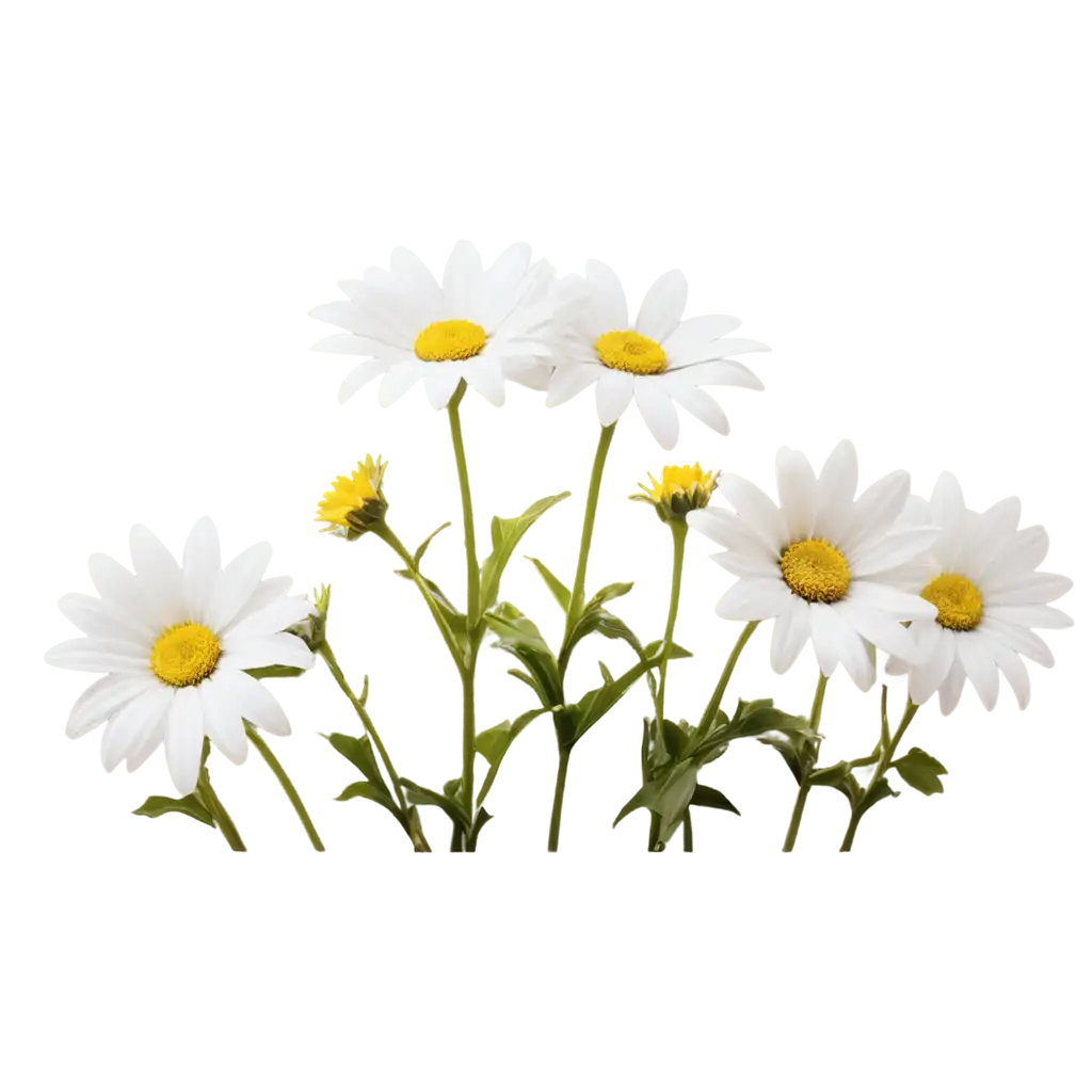 Illustrate a bouquet of cheerful daisies with white petals and sunny yellow centers, emphasizing their simplicity and charm.
