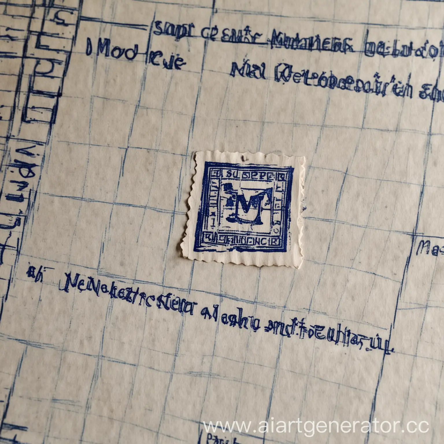 A picture of a piece of paper in a cage, on which there is a blue square stamp with the inscription "Мелокодер-Супер математик"