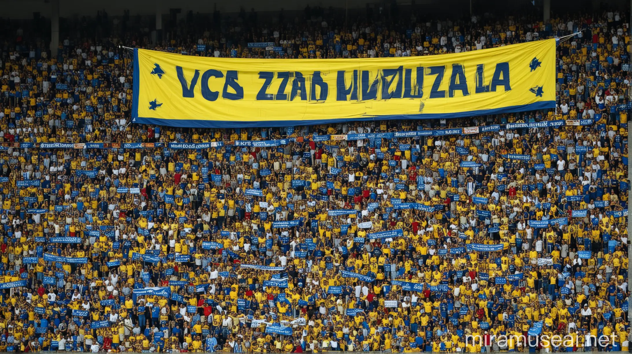 Blue and Yellow XV de Catorze Football Team Fans at Stadium with Vamos Quinzo Banner