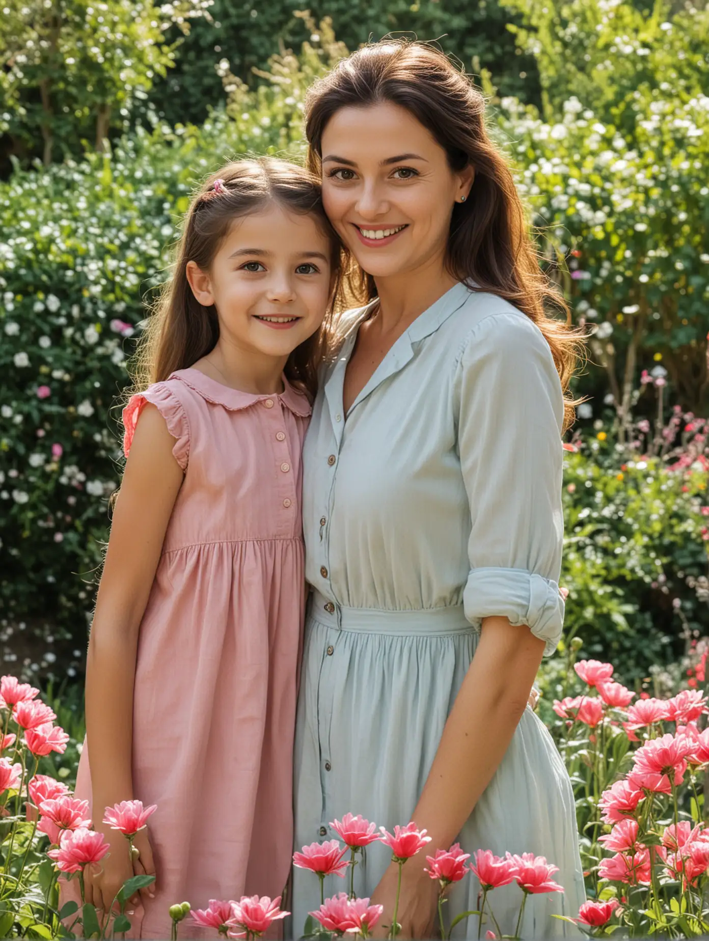 At this moment of Mother's Day, the mother and daughter stand in the beautiful garden and show happy smiles in front of the camera. The mother's eyes are full of love for the daughter, and the daughter's eyes are full of respect for the mother.