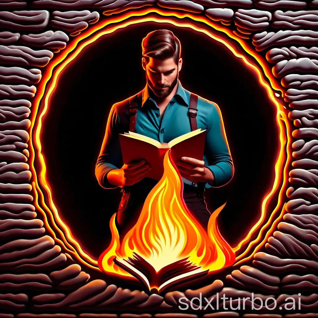 Man, handsome, circled by fire, reading a book.